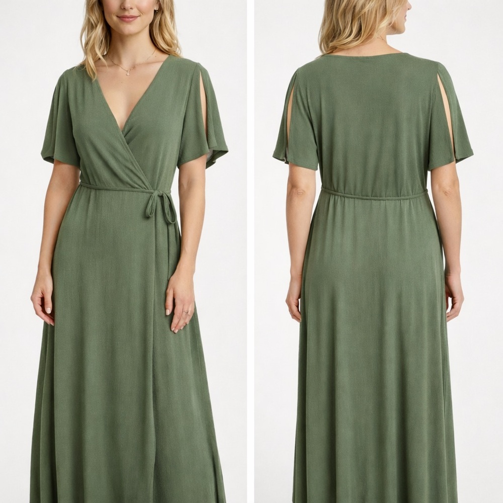 NWOT Lulus Sage Green Maxi Wrap Around Dress Feminine Soft Girl Romantic Size XS